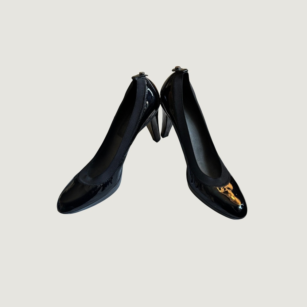 Stuart Weitzman Black Patent Leather Elastic Trim Platform Pumps KL35130  8.5